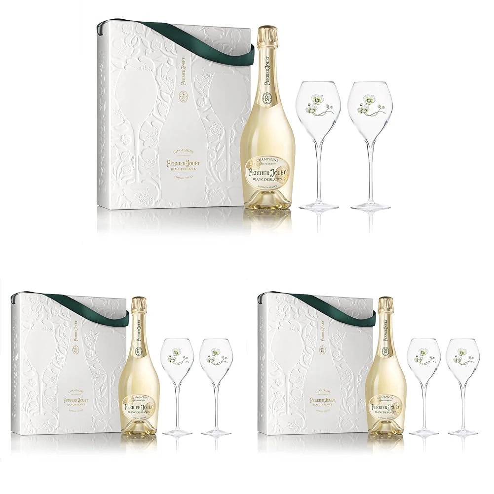 Perrier-Jouët Blanc de Blancs Champagne, 75 cl with 2 Flutes, white (Pack of 3)