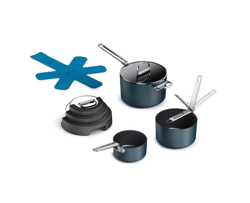 Joseph Joseph Space Stack 3 Piece Non-Stick Cookware Set with Folding Handles, Induction Saucepan Set, Ceramic Coating, Space Saving Nesting Pans