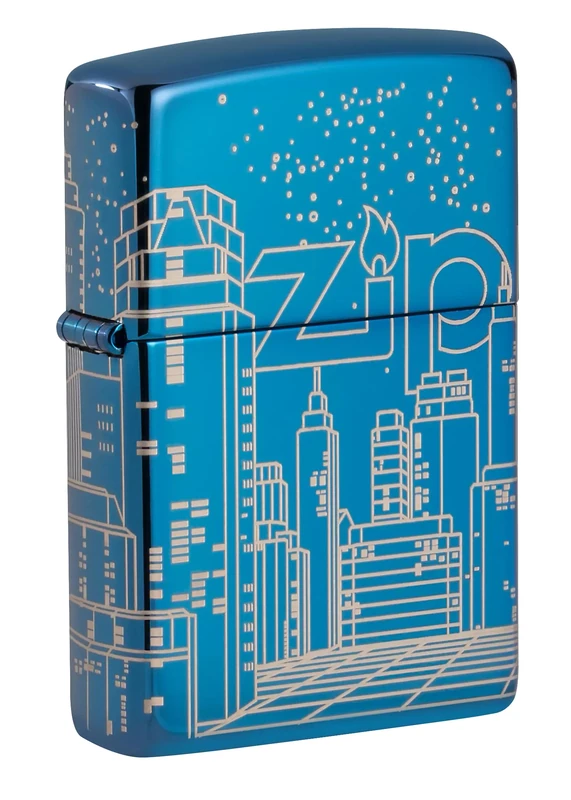 Zippo Windproof Lighter, Skyscraper Design – High Polished Blue, Laser 360° – Refillable, Reusable, Windproof Design – Comes in Gift Box – Made in USA