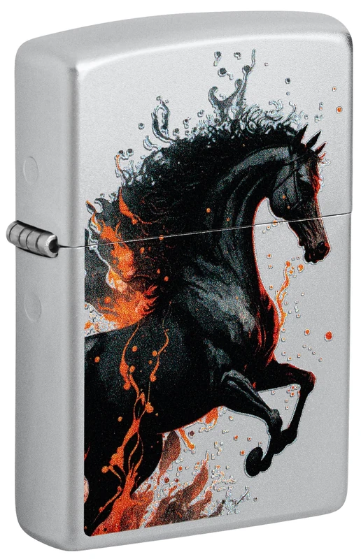 Zippo Windproof Lighter, Fire Horse, Satin Chrome, Colour Image, Refillable, Reusable, Windproof Design, Gift Box, Made in USA