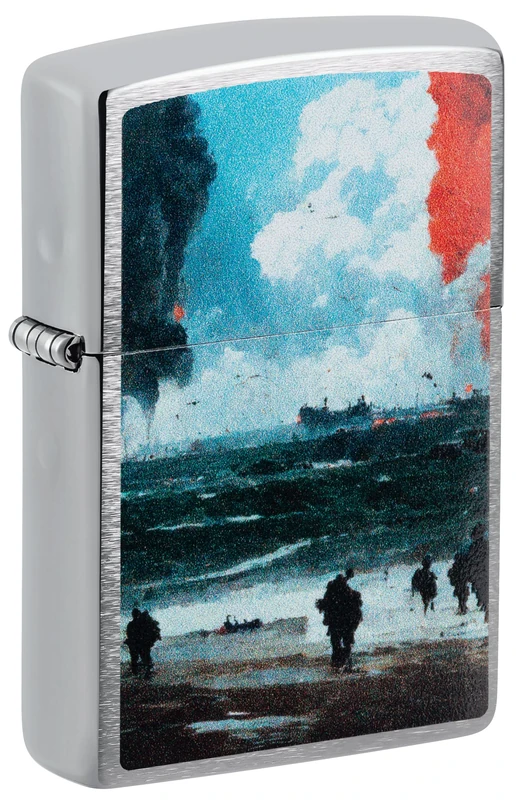Zippo Windproof Lighter, D-Day Landing, Brushed Chrome, Colour Image, Refillable, Reusable, Windproof Design, Gift Box, Made in USA