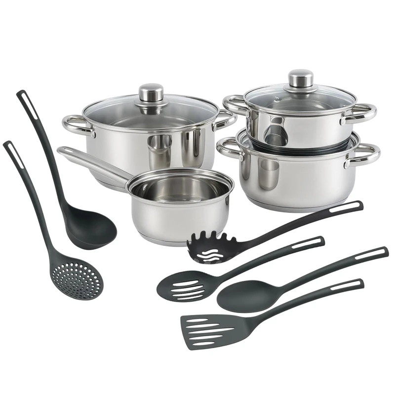 Well Home 7 Piece Stainless Steel Cookware Set + 6 Basic Kitchen Utensils in PBT Black