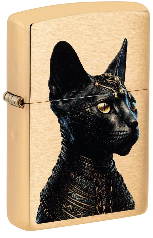 Zippo Windproof Lighter, Egyptian Cat, Brushed Brass, Colour Image, Refillable, Reusable, Windproof Design, Gift Box, Made in USA