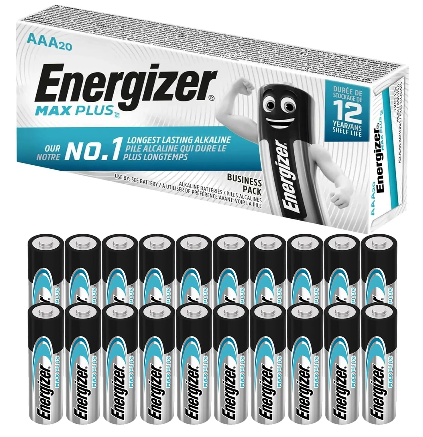 Energizer Max Plus AAA Alkaline Batteries – Pack of 20 | 1.5V Long-Lasting Power with Up to 12-Year Shelf Life | Leak-Resistant & Ideal for Remotes, Toys, Flashlights, Clocks & More