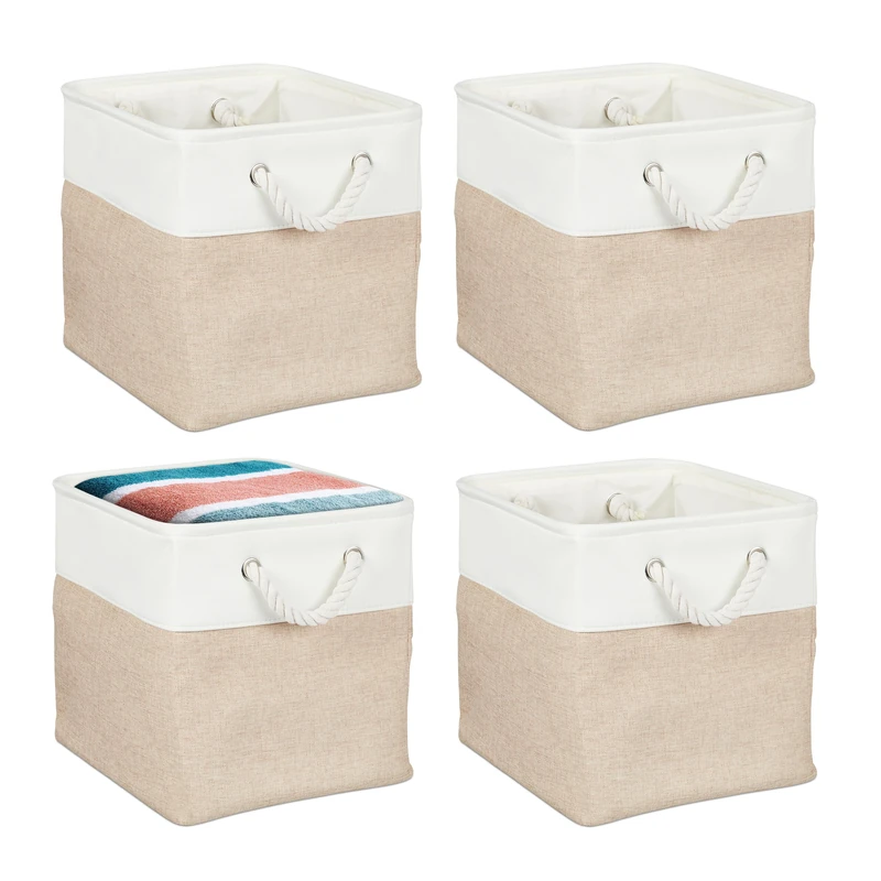 Relaxdays Storage Basket, Set of 4, Linen, with Rope Handles, 28x28x28 cm, for Clothes and Toys, Shelf Box, Beige/White