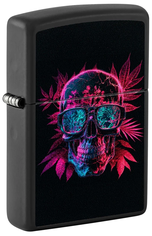 Zippo Windproof Lighter - Cannabis Skull, Black Matte, Black Light - Refillable - Reusable - Windproof Design - Gift Box - Made in USA - Image 1