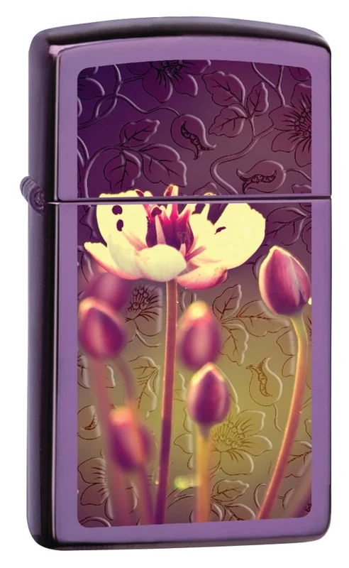 Zippo Windproof Lighter, Flowers Design – Slim High Polished Purple, Colour Image – Refillable, Reusable, Windproof Design – Comes in Gift Box – Made in USA