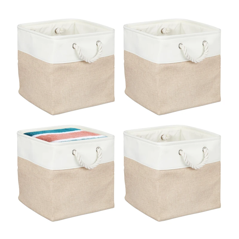 Relaxdays Storage Basket, Set of 4, Linen, with Rope Handles, 30x30x30 cm, for Clothes and Toys, Shelf Box, Beige/White