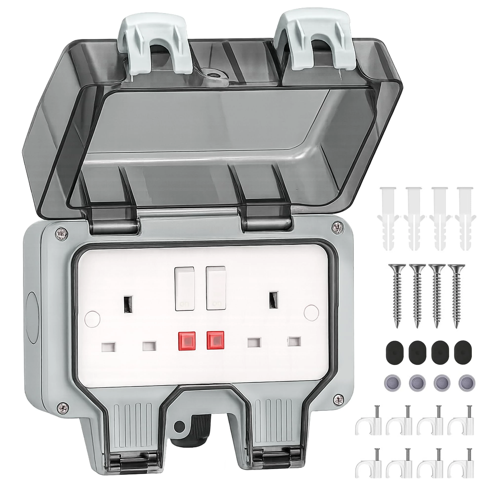 Desiretech Outdoor Double Switched Socket – IP66 Waterproof & Dustproof Socket – 2 Gang Plug with LED Indicators – High Impact PC Housing – Weatherproof Power Outlet for Sheds & Garages