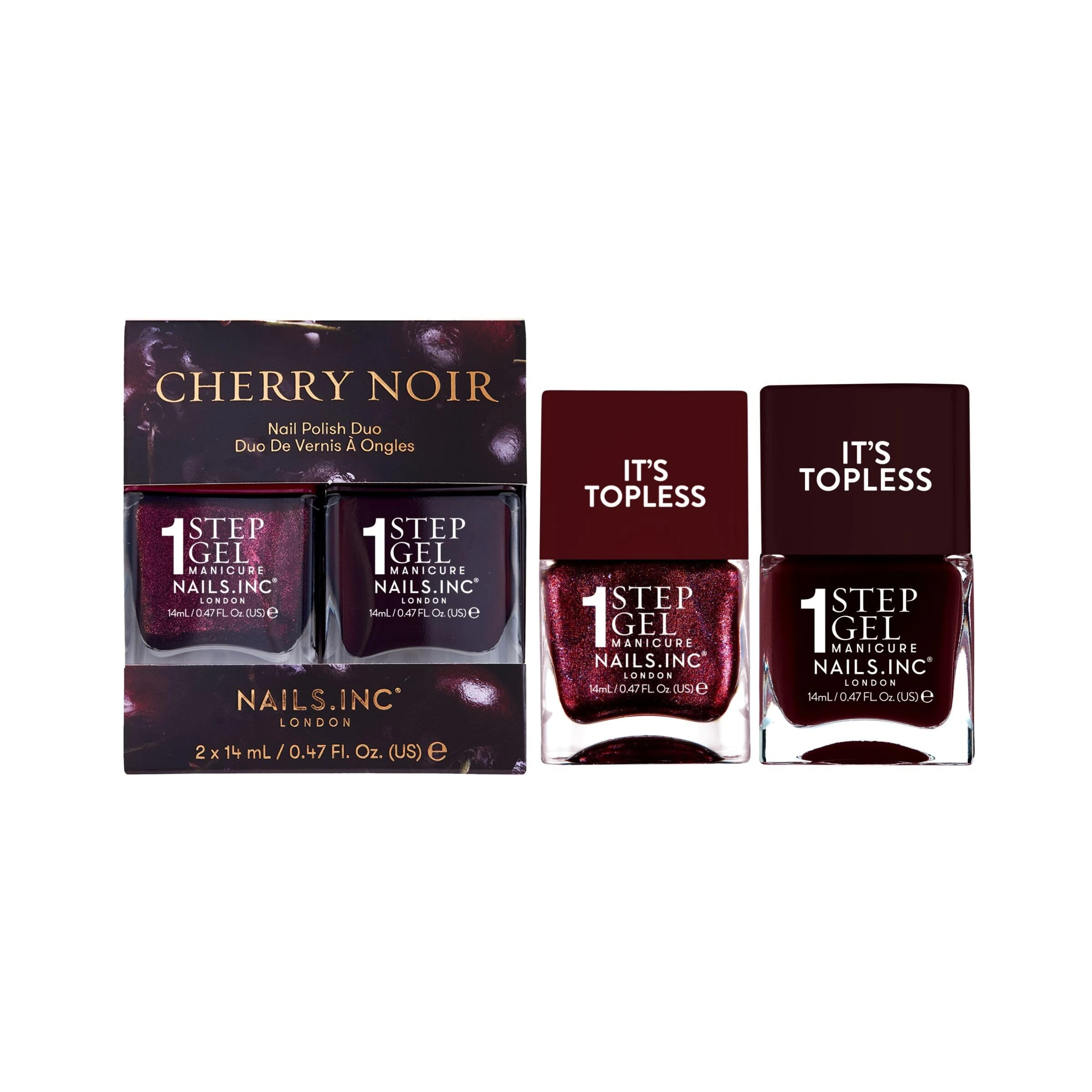 Nails Inc It's Topless Gel-Like Cherry Noir Nail Polish Duo, 4-in-1 Base Coat, Treatment, Colour & Top Coat, Long Lasting, Strong, Chip Free, Glossy Salon Quality Manicure, Air Dry, 2 Piece Set