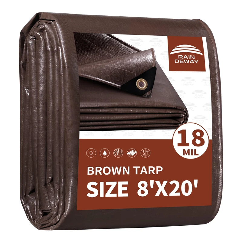 RAINDEWAY Tarp 8x20ft Brown Tarps Heavy Duty Waterproof 18Mil Extra Thick