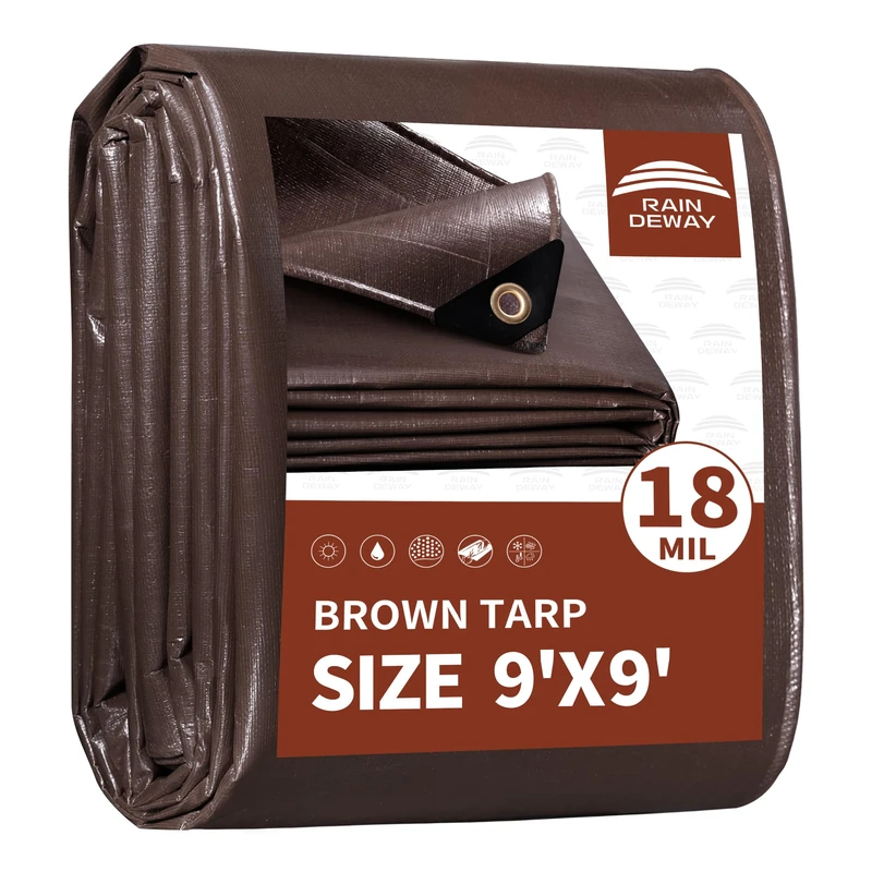 RAINDEWAY Tarp 9x9ft Brown Tarps Heavy Duty Waterproof 18Mil Extra Thick