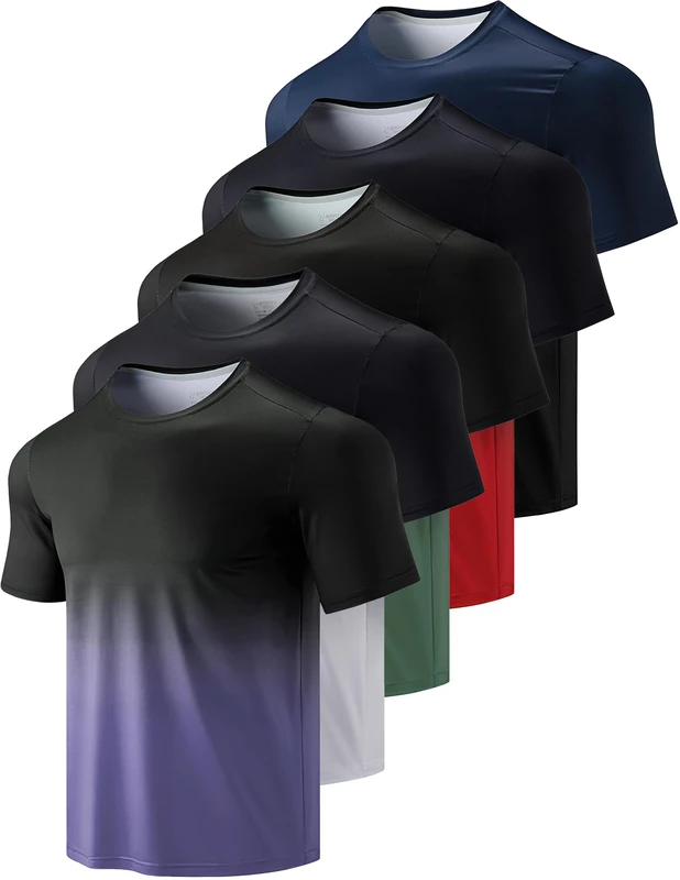 5 Pack Men’s Active Quick Dry Crew Neck T Shirts | Athletic Running Gym Workout Short Sleeve Tee Tops Bulk, Gradient Colors, S