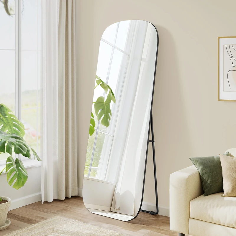 SONGMICS Full Length Mirror, 160 x 50 cm, Rounded Rectangle Full Body Floor Mirror with Stand, Aluminium Alloy Frame, Tempered Glass, for Bedroom, Dressing Room, Ink Black LFM029B01