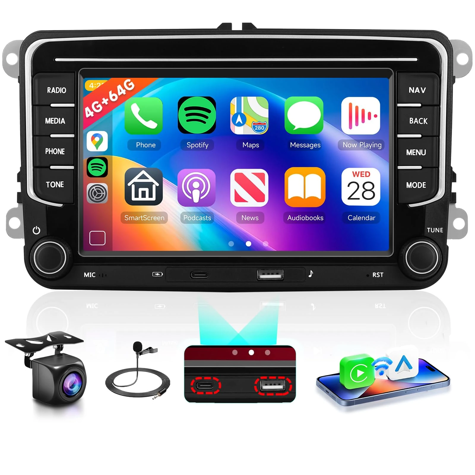 4G 64GHi-Res DSP 32EQRadio for VW Passat Jetta Golf Touran Car Stereo with 7inch IPS Touchscreen,Type-C/USB FM RDS,Wireless CarPlay Android Auto,5.0 Bluetooth,GPS,WiFi,AHD Backup Camera