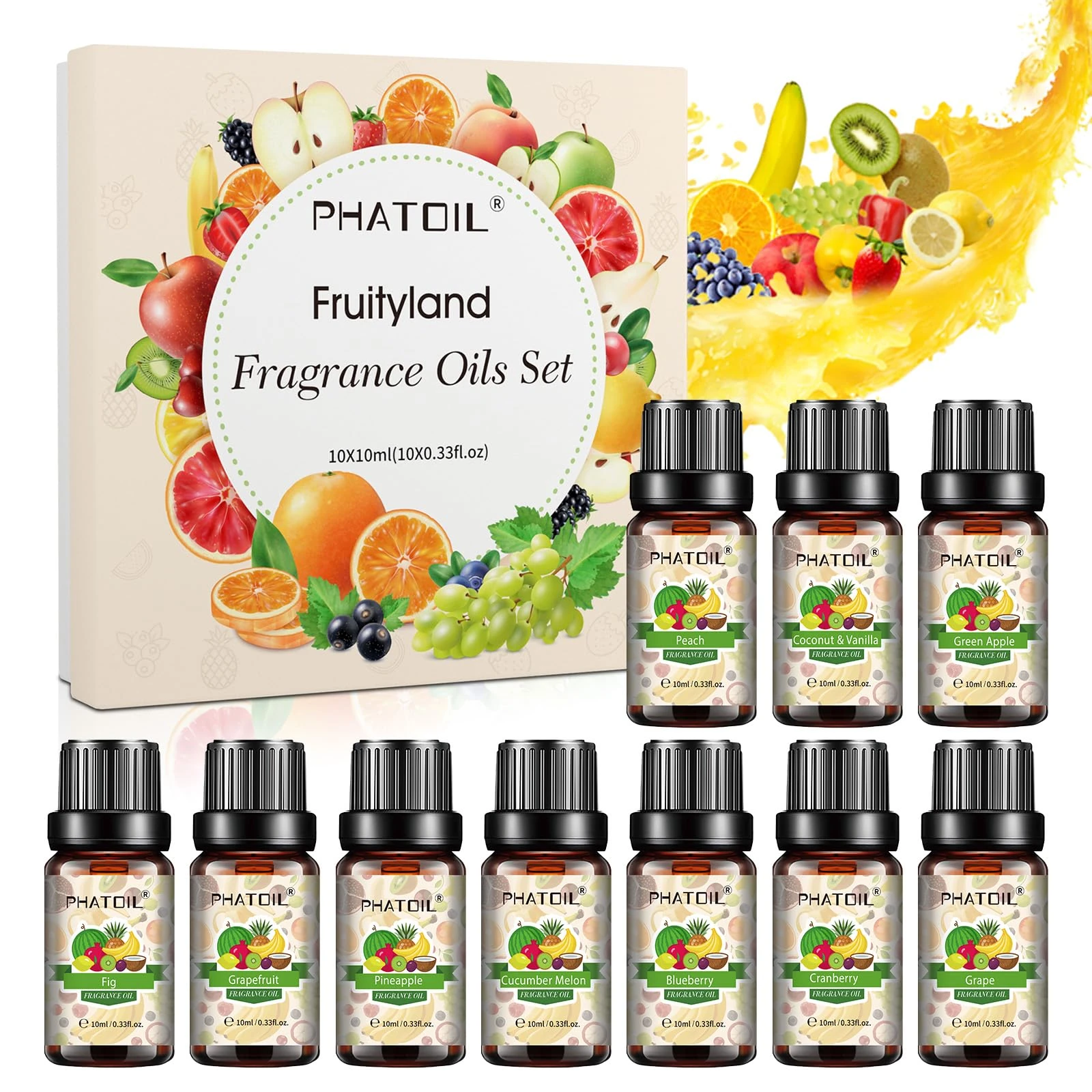 PHATOIL Fruity Fragrance Essential Oil Set 10 x 10 ml, Aromatherapy Premium Grade Oils Kit for Diffuser, Home Care, DIY Soap Candle Making, Diffuser Scent Oil Gift Set for Humidifiers