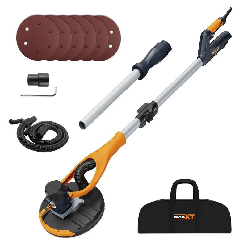 MAXXT 180° Swivel Head Plasterboard Sander – Telescopic Handle (1.2m-1.7m) with Dust Extraction, Corner Side Disc, Constant Power & 5-Speed Memory | Includes 6 Sanding Discs