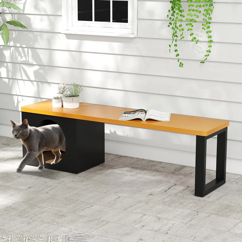 GYMAX Outdoor Metal Bench with Cat House, Scratching Pad, Seating Bench