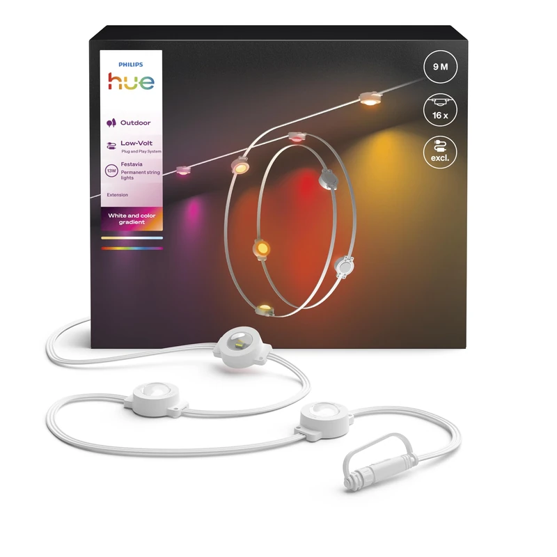 Philips Hue Festavia Permanent Outdoor String Lights Extension, 9 m, 16 Lights, 55 Lumens Per Light, Dimmable, Weatherproof, Water-Resistant, Easy to Install, White and Color Ambience, White Wire