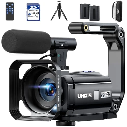 Camcorder Video Camera 5K, Dual Lens Vlogging Camera for Youtube, 3” 270° Rotatable Touchscreen WiFi 56MP Night Vision Cam corder with 64GB SD Card, Microphone, Tripod, Stabilizer, Remote, Batteries
