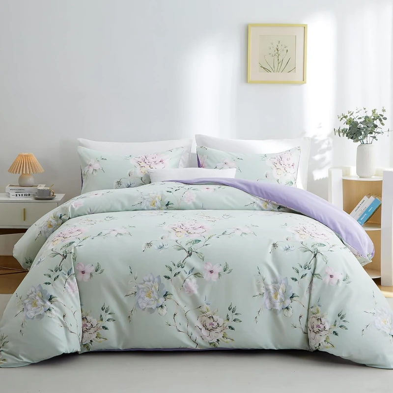 BOLINLIVING Floral Full Comforter Set, Soft Breathable Bed in a Bag King Size 3 Pieces, Green and Purple Floral Bedding Set for All Season, 1 Comforter & 2 Pillowcases