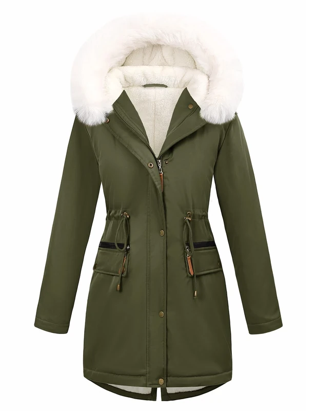 CMTOP Winter Jackets for Women UK Fleece Lined Warm Women's Coats Water Repllent and Windproof Mid-Length Parka Jacket Thick Thermal Fuzzy Overcoat Hooded Outerwear with Pockets(Army Green,S)