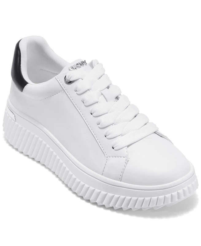 DKNY Women's Lobeco Lace Up Everyday Sneaker, White Black, 5 UK
