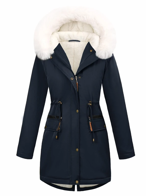 CMTOP Winter Jackets for Women UK Fleece Lined Warm Women's Coats Water Repllent and Windproof Mid-Length Parka Jacket Thick Thermal Fuzzy Overcoat Hooded Outerwear with Pockets(Navy Blue,S)