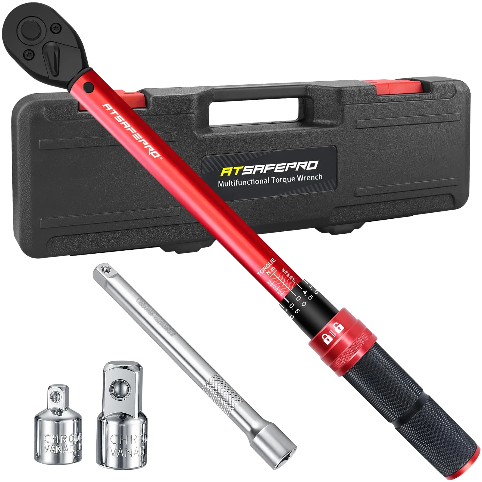 ATsafepro 3/8'' Drive Torque Wrench Set,5-60 Nm Torque Wrench with 3/8" to 1/4" &1/2" Adapter,15cm Extension Bar,±3% Accuracy, Reversible Ratchet Head for Cars, Bikes, Moto, DIY