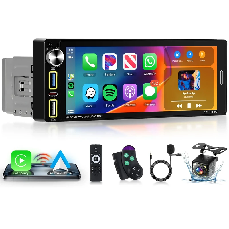 Hodozzy Single Din Wireless Carplay Car Stereo with Android Auto, 6.9 inch 1 Din Touchscreen Radio Support Bluetooth 5.2 FM Radio Type-C USB Fast Charge Mirrorlink EQ Audio SWC Backup Camera