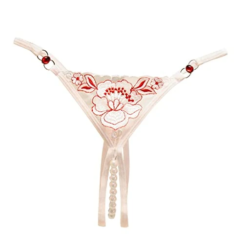 Womens Thongs Underwear Clear Sexy Panties Briefs Embroidered Flattering Tummy Control Tangas Comfor Underpants Cheeky G String Naughty Beaded Crotchless Breathable Bikini Panties White