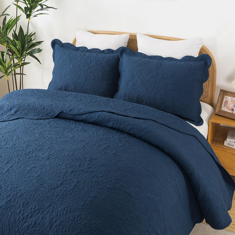 HoneiLife Quilt Sets King Size - Microfiber Bedspreads for King Bed, 3-Piece Lightweight Coverlets, Retro Bedlinen Sets, King Quilt Bedding Set All Season Use-Navy