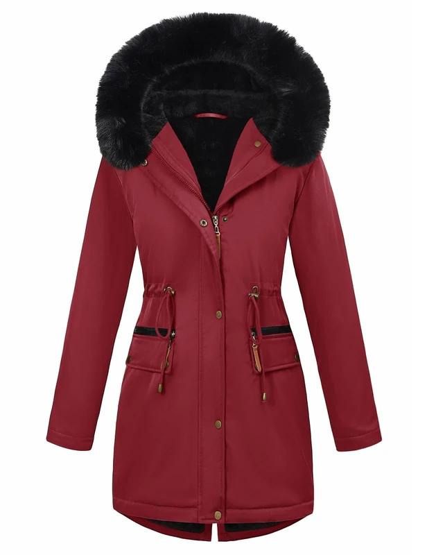 CMTOP Winter Jackets for Women UK Fleece Lined Warm Women's Coats Water Repllent and Windproof Mid-Length Parka Jacket Thick Thermal Fuzzy Overcoat Hooded Outerwear with Pockets(Burgundy,S)