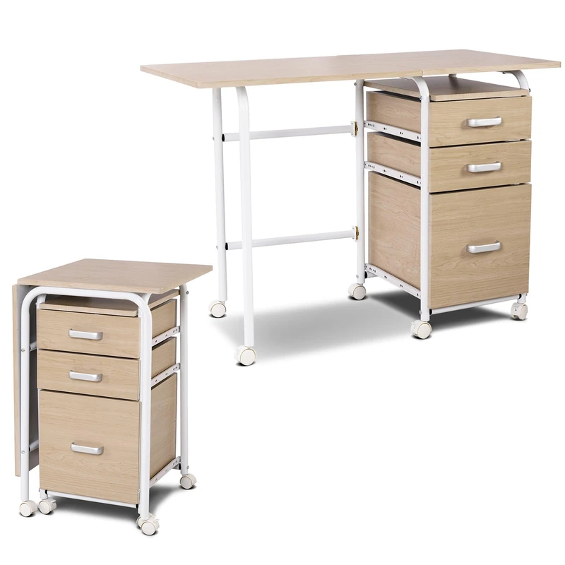 FANTASK Desk, Folding Office Table with Metal Frame, Folding Desk with 3 Drawers & Wheels, Space Saving Computer Desk for Small Spaces, 105 x 50 x 75 cm (Natural) - Image 1