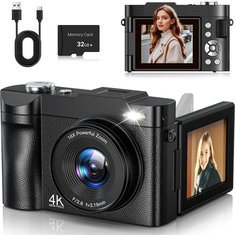 4K Digital Camera 50MP Autofocus Vlogging Camera 2.8' 180° Flip Screen with 16X Digital Zoom Compact Digital Camera with 32GB Card for Teenagers Beginners