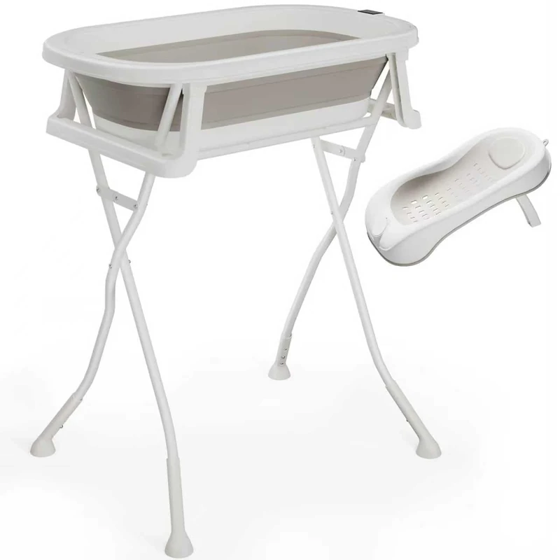 DEANIC Baby Bath Tub with Stand, Foldable Baby Bath with Bath Support Seat and Thermometer, Portable Bathtub for 0-18 Months Newborn (Light Grey, with Stand)