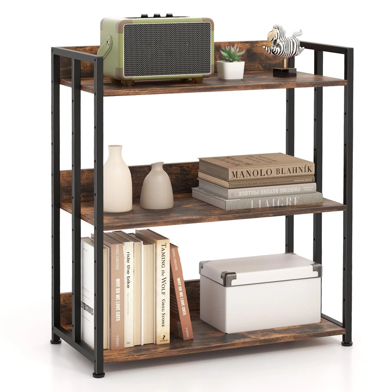 FANTASK Storage Shelf with Metal Frame & Adjustable Shelves, 3 Tier Standing Shelf, Bookcase for Study, Living Room & Kitchen, 70 x 35 x 81 cm (Rustic Brown)