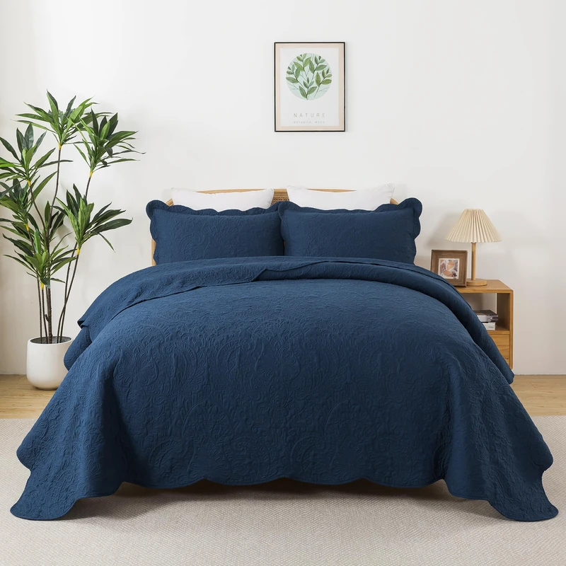 HoneiLife Queen Quilt Bedding Set - Microfiber Quilt Sets for Queen Bed, 3-Piece Lightweight Bedspreads,Reversible Coverlets Rustic Bedlinen Sets, Floral Bedding Set All Season Quilts-Navy
