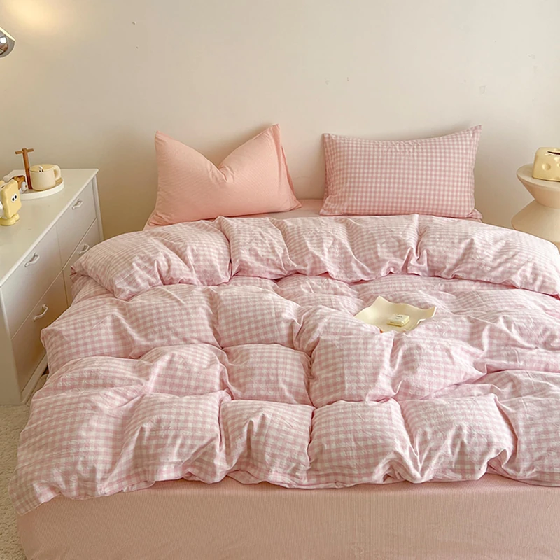 BOLINLIVING Gingham King Comforter Set 3 Pieces, Soft Breathable Bed in a Bag King Size, Pink White Checkered Plaid Bedding Set for All Season, 1 Comforter & 2 Pillowcases