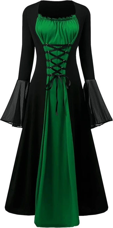 CNVAUIE Renaissance Costume for Women, Medieval Dress with Trumpet Sleeves, Gothic Maxi Dress, Carnival, Halloween, Party (Green01, L)