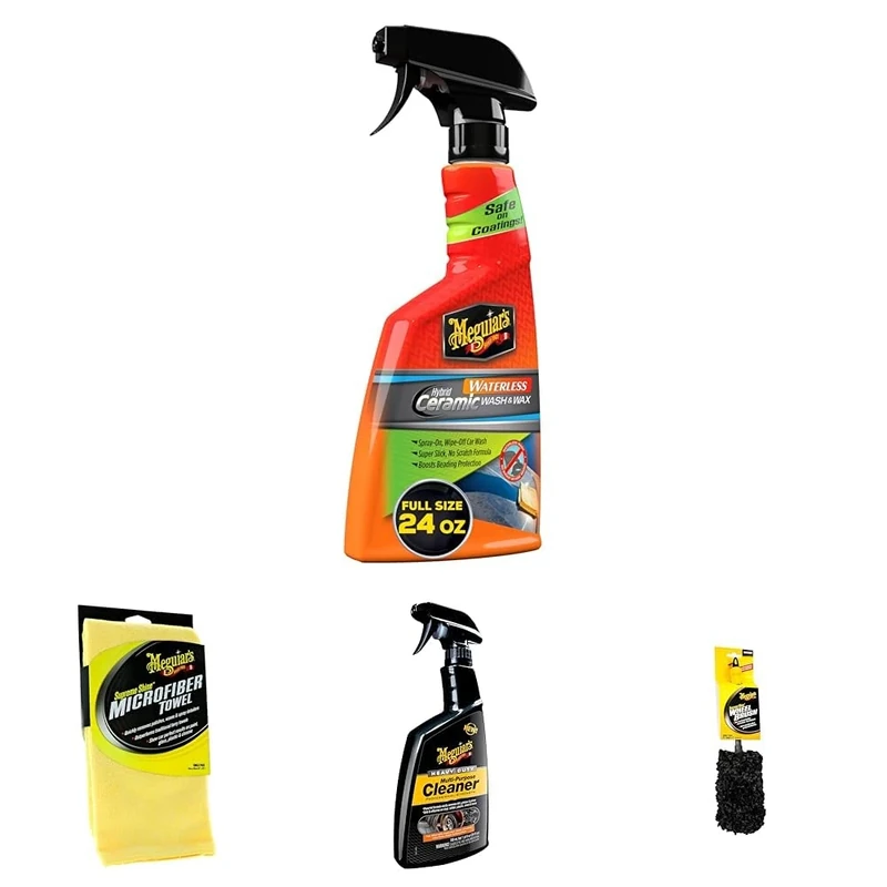 Meguiar Hybrid Ceramic Waterless Wash & Wax, Supreme Shine Microfibre Car Cleaning Towel, Heavy Duty Multi-Purpose Cleaner & Meguiar X1902EU Supreme Microfibre Wheel Brush