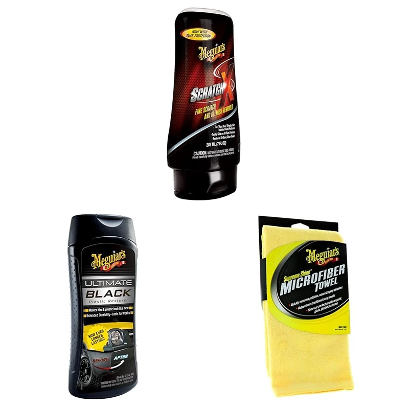 Meguiar ScratchX Car Paint Scratch Remover, Ultimate Black Plastic & Trim Restorer & Meguiar X2010EU Supreme Shine Microfibre Car Cleaning Towel