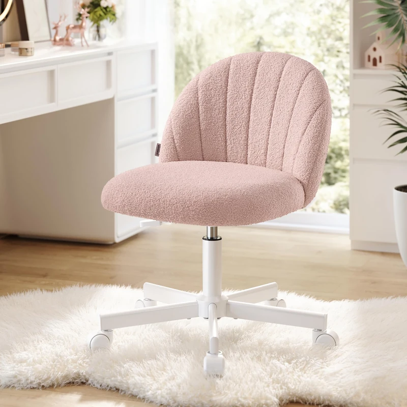 SONGMICS Office Chair, Swivel Makeup Vanity Desk Chair, Height Adjustable, Teddy Fleece, Foam Padded, for Home Office, Bedroom, Dressing Room, Jelly Pink OBG027SA02