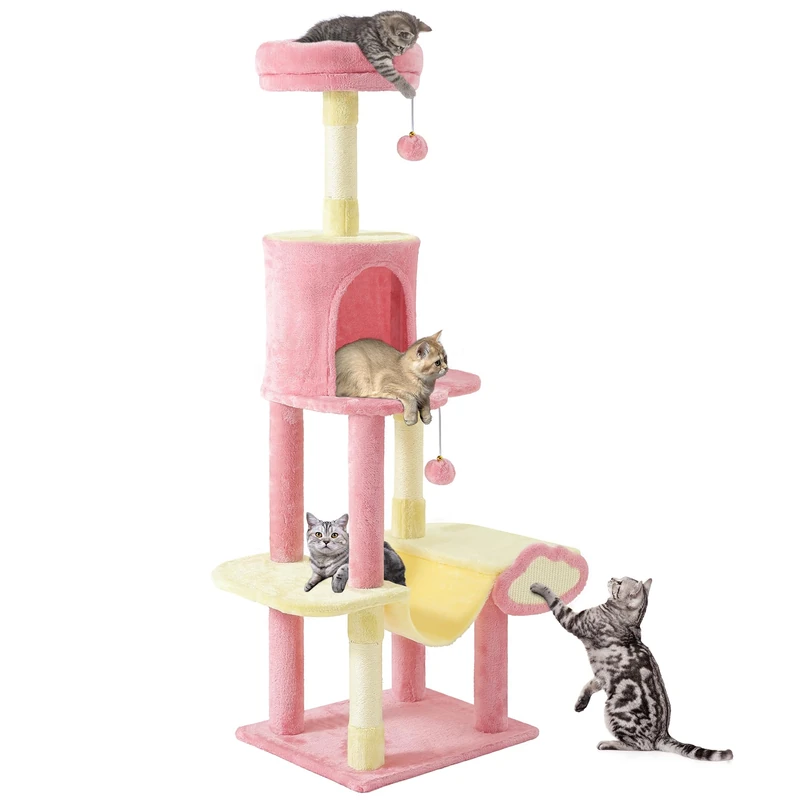 YITAHOME Luxury Cat Tree with Hammock & Scratching Post, Pink Multi-Level Cats Tree with Perch for Large Cats, Space-Saving Cat Tower for Apartments & Living Room, Pink