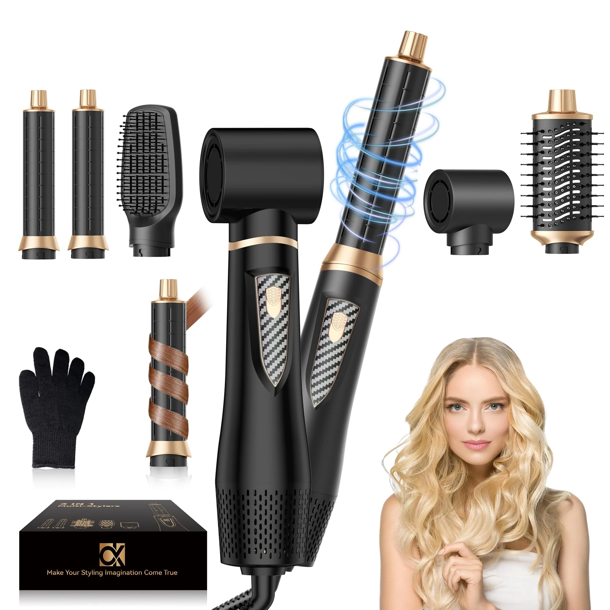 New 5 in 1 Hair Styler Set, Air Brush Multi Air Styler, Magic Hair Dryer Brush with Auto Curler, 1000w Ionic Blow Dryer, for Voluming, Drying, Straightening and Curling, 3 Temps for All Hair Types