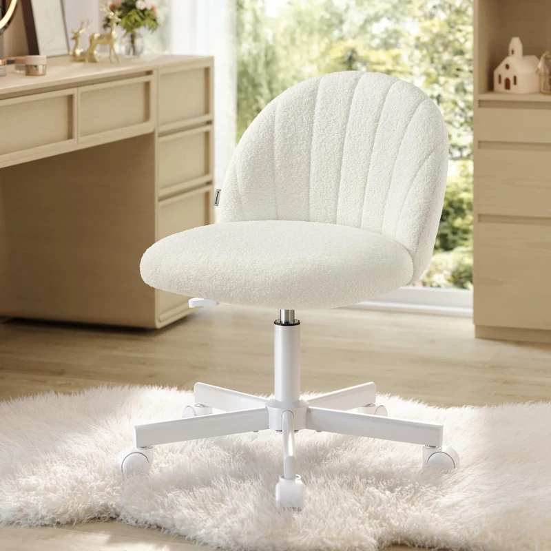 SONGMICS Office Chair, Swivel Makeup Vanity Desk Chair, Height Adjustable, Teddy Fleece, Foam Padded, for Home Office, Bedroom, Dressing Room, Cream White OBG027WD02
