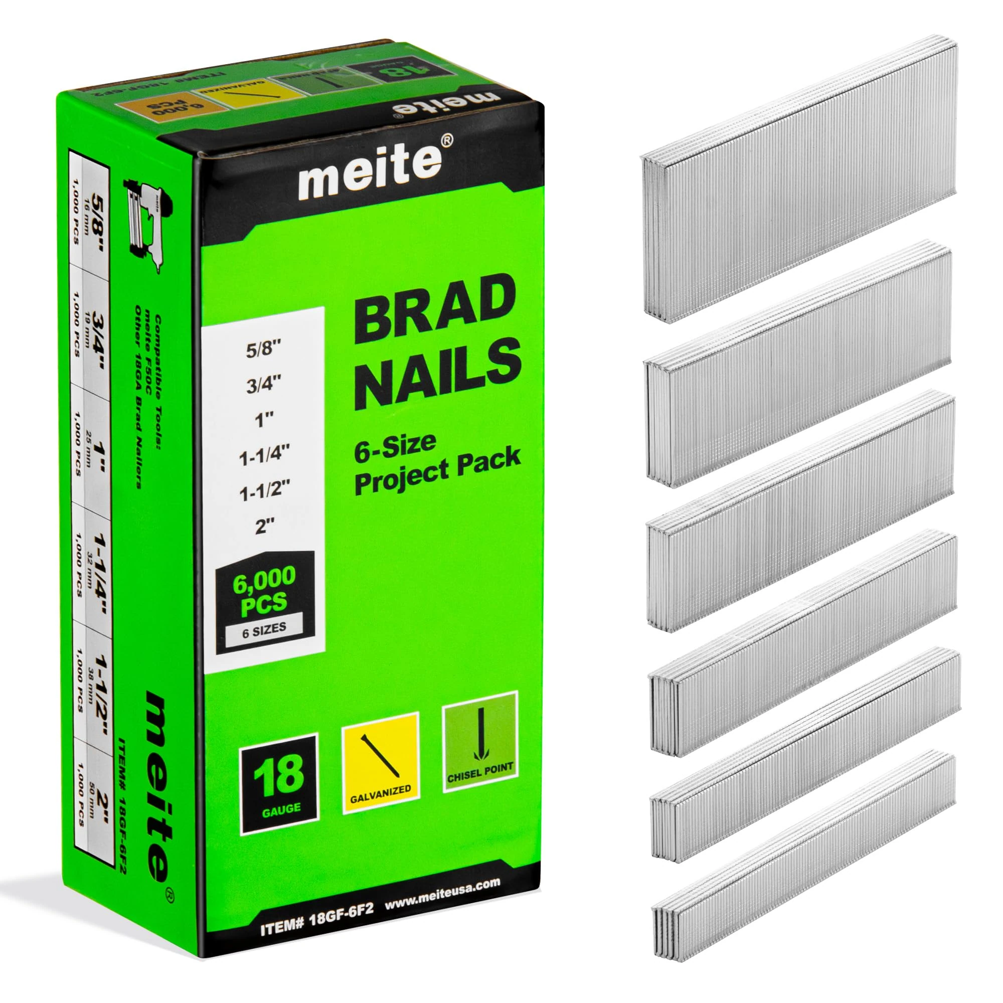 meite 18 Gauge Brad Nails, Assorted 4 Sizes (16,19, 25, 32, 38, 50 mm 1,000 Per Size) Galvanised Type 18G Brad Nails for Pneumatic, Electric Brad Nail Gun Nailer, Project Pack 6,000 Counts
