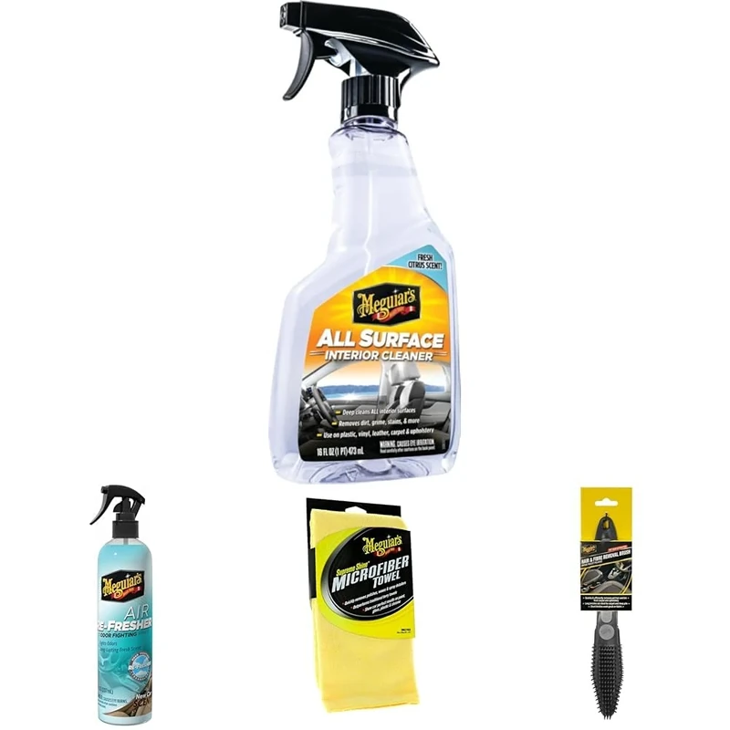 Meguiar All Surface Interior Cleaner, Air Re-Fresher Odor Fighting Spray - New Car Scent, Supreme Shine Microfibre Car Cleaning Towel & Meguiar Hair and Fibre Removal Brush