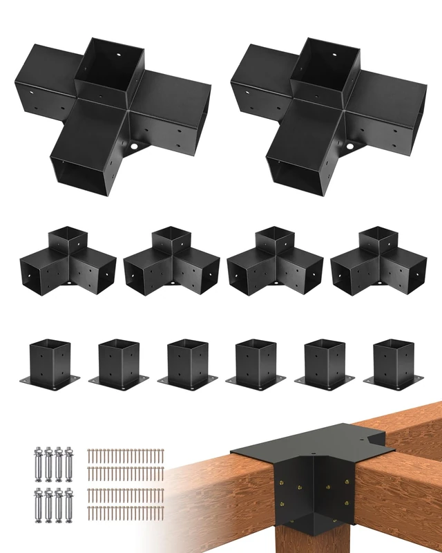 VEVOR Pergola Kit, 4x4 Inch Pergola Brackets for 3.5x3.5 Inch Wood Beams in Actual Dimension, 3-Way (4 Pcs) and 4-Way (2 Pcs) Gazebo Brackets with 6 Post Bases, for Outdoor Pergolas, Gazebos, Sheds