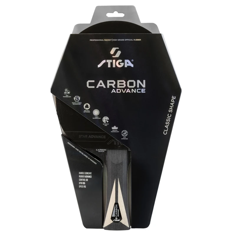 STIGA Carbon Advance Table Tennis Bat – 5+2 Ply Blade with 5 Wooden and 2 Carbon Fibre Layers, Large, Optispot Pro Sweet Spot & STAR Advance Rubber – For Ambitious Players
